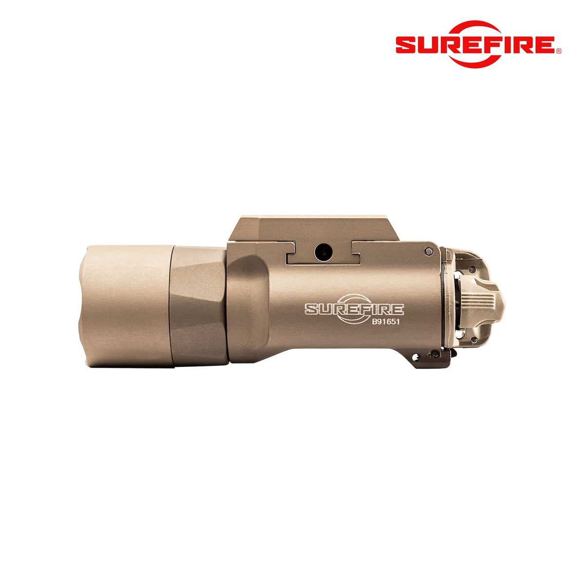 SureFire X300U-B Ultra weapon light in tan powered by two CR123A lithium cells