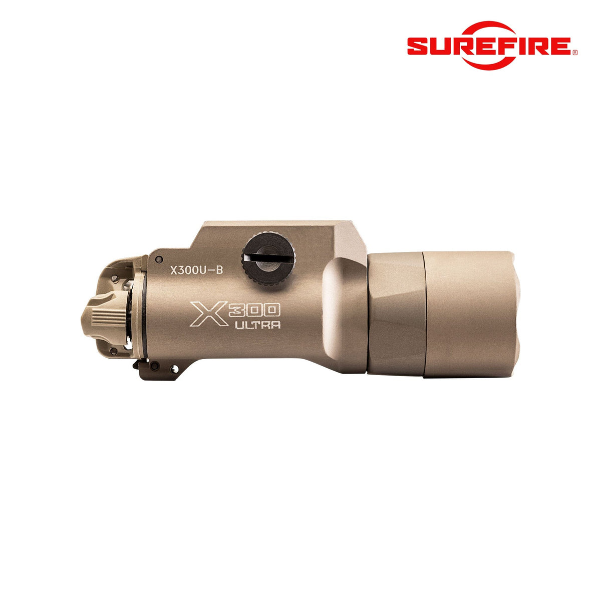 SureFire X300U-B Ultra weapon light in tan with the Rail-Lock mount for Picatinny and Universal handgun rails
