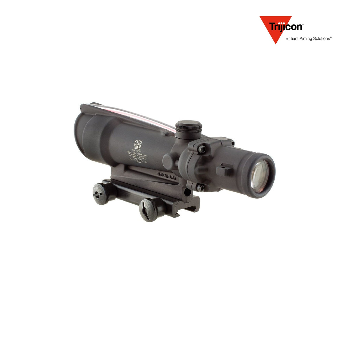 Trijicon ACOG 3.5x35 rifle scope with a red chevron .223 BAC reticle, with bullet drop compensating aiming points