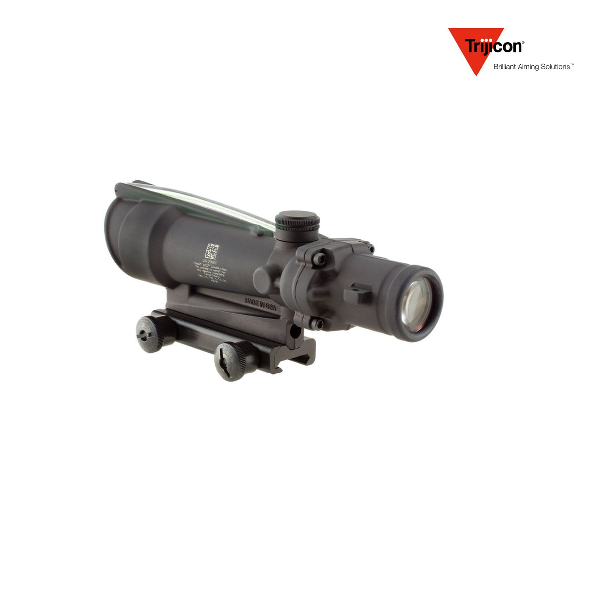 Trijicon ACOG 3.5x35 rifle scope with a green chevron .308 BAC reticle, with bullet drop compensating aiming points