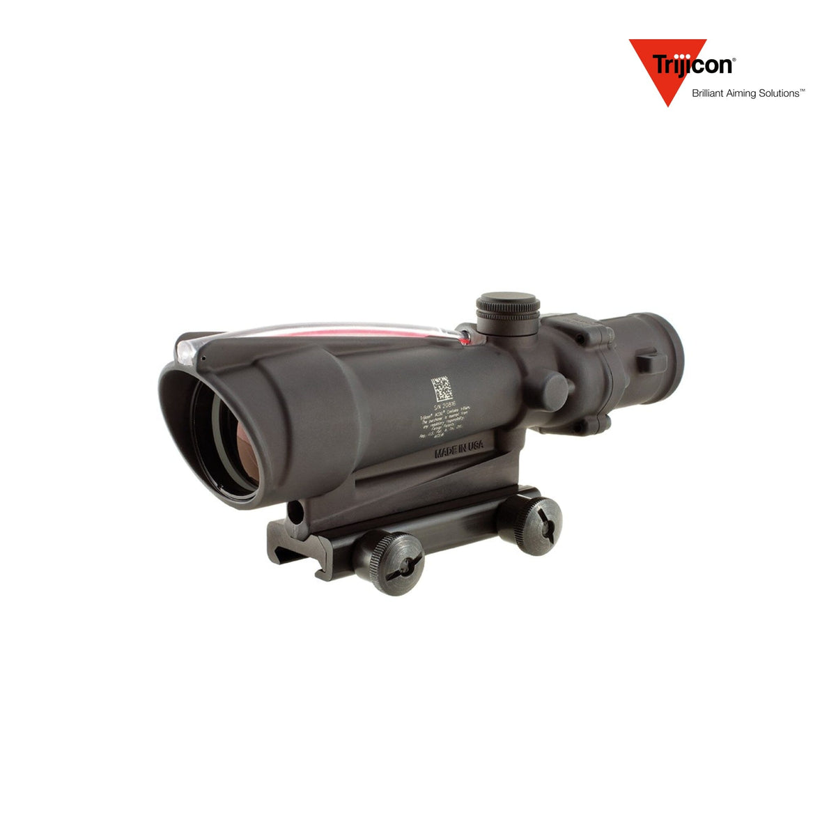 Trijicon ACOG 3.5x35 rifle scope with a red crosshair .308 BAC reticle, with dual illumination from fibre optics and tritium