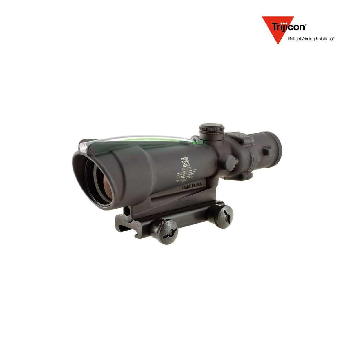 Trijicon ACOG 3.5x35 rifle scope with a green horseshoe-and-dot .223 BAC reticle, in a forged 7075-T6 aluminium housing