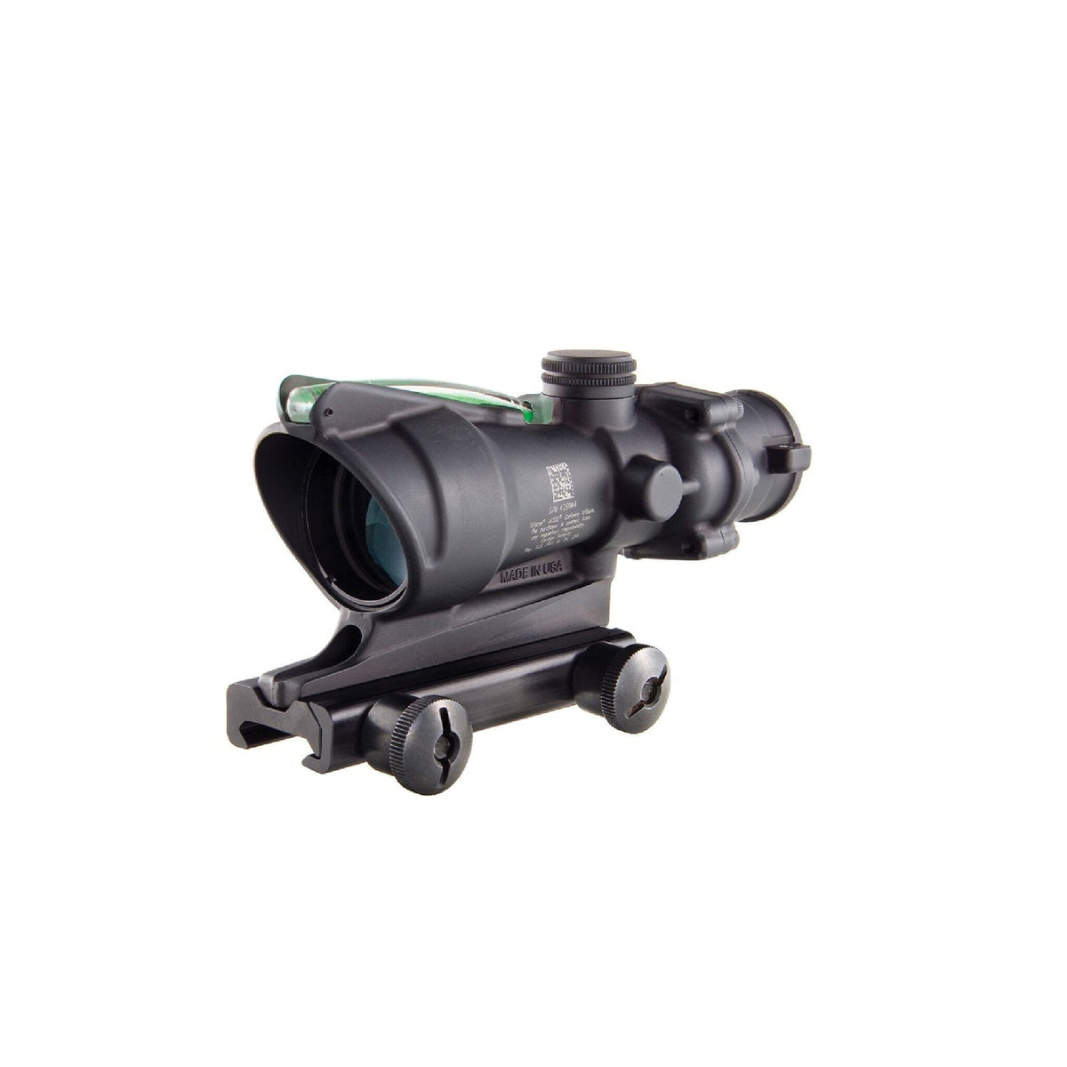 Trijicon ACOG 4x32 rifle scope with a green chevron .223 BAC reticle, with dual illumination from fibre optics and tritium