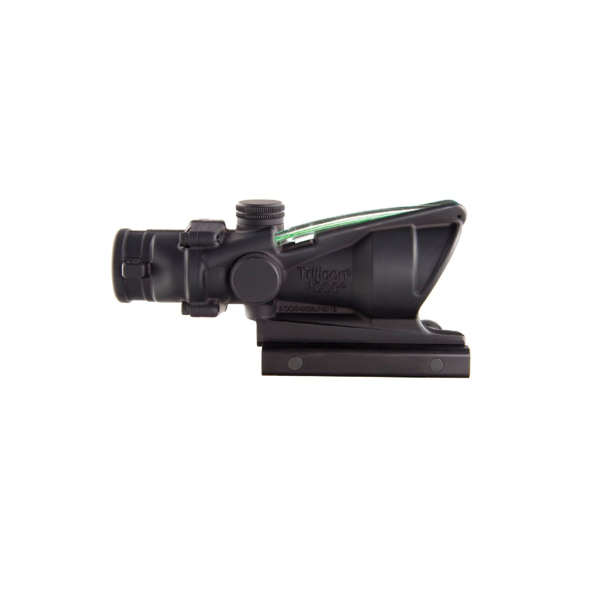 Trijicon ACOG 4x32 rifle scope with a green chevron .223 BAC reticle, in a forged 7075-T6 aluminium housing