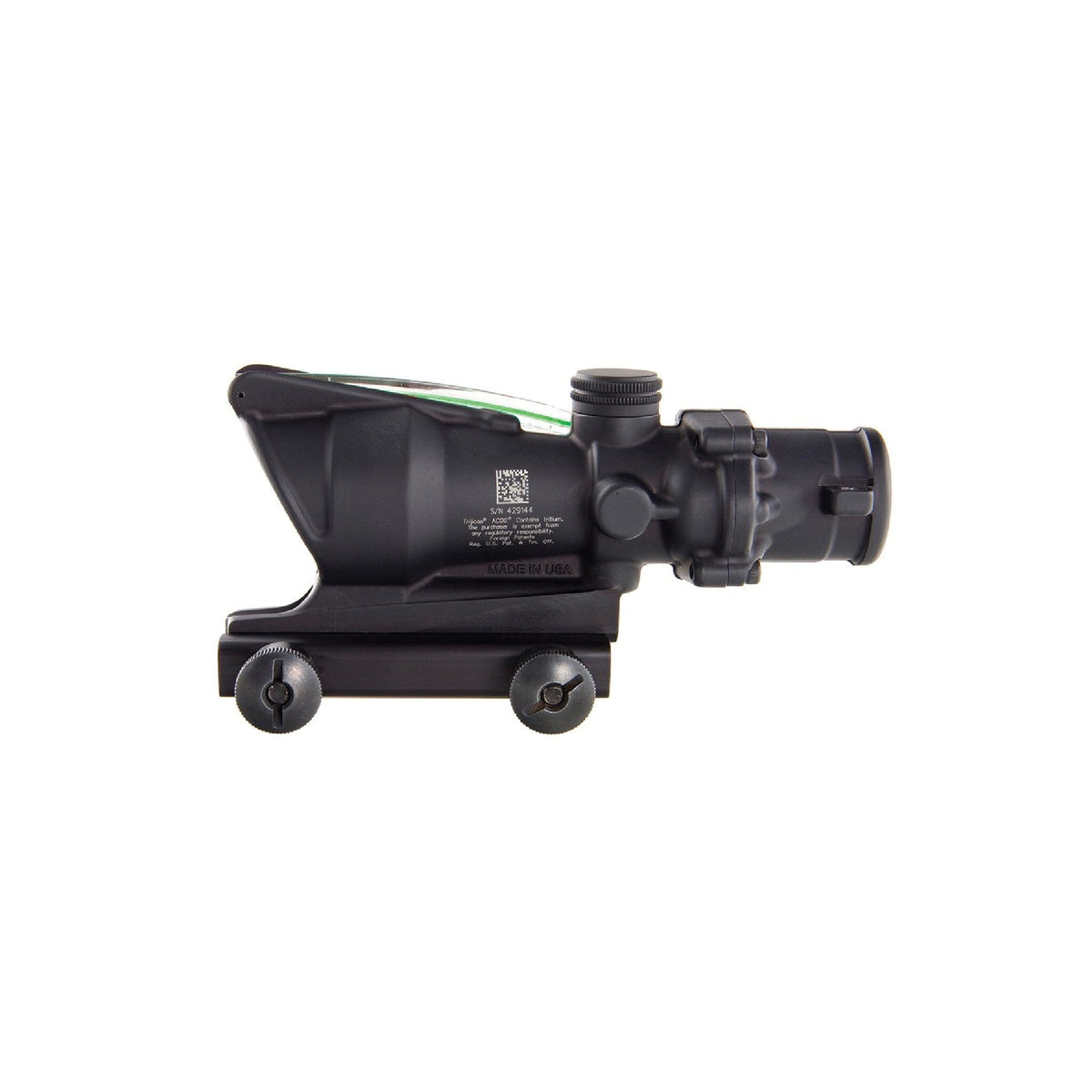 Trijicon ACOG 4x32 rifle scope with a green chevron .223 BAC reticle, with bullet drop compensating aiming points