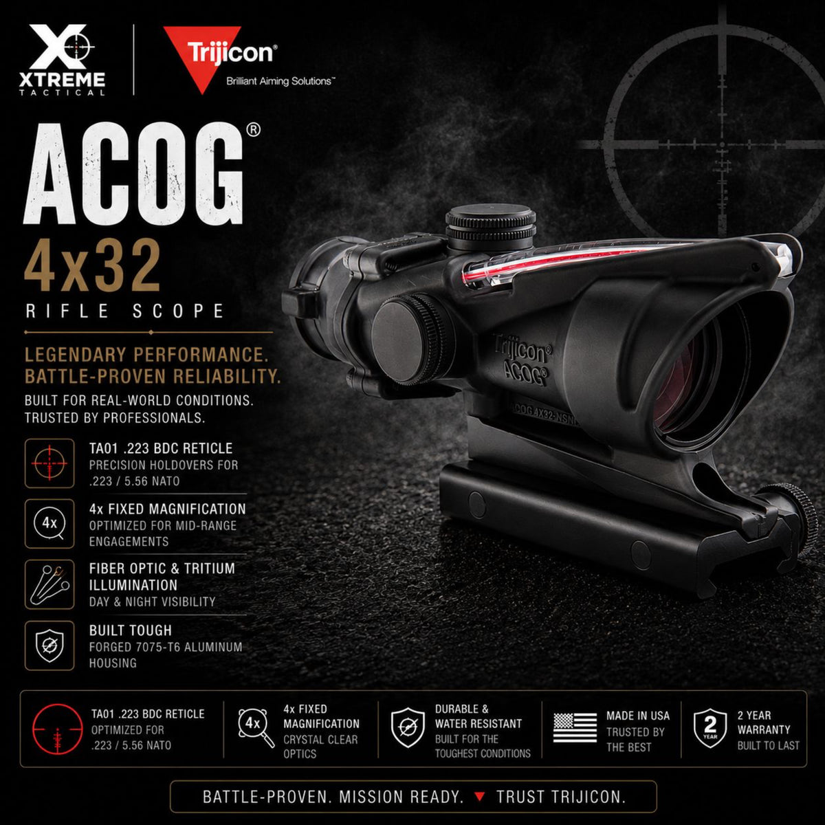 Trijicon ACOG 4x32 rifle scope with a red chevron .223 BAC reticle, with dual illumination from fibre optics and tritium