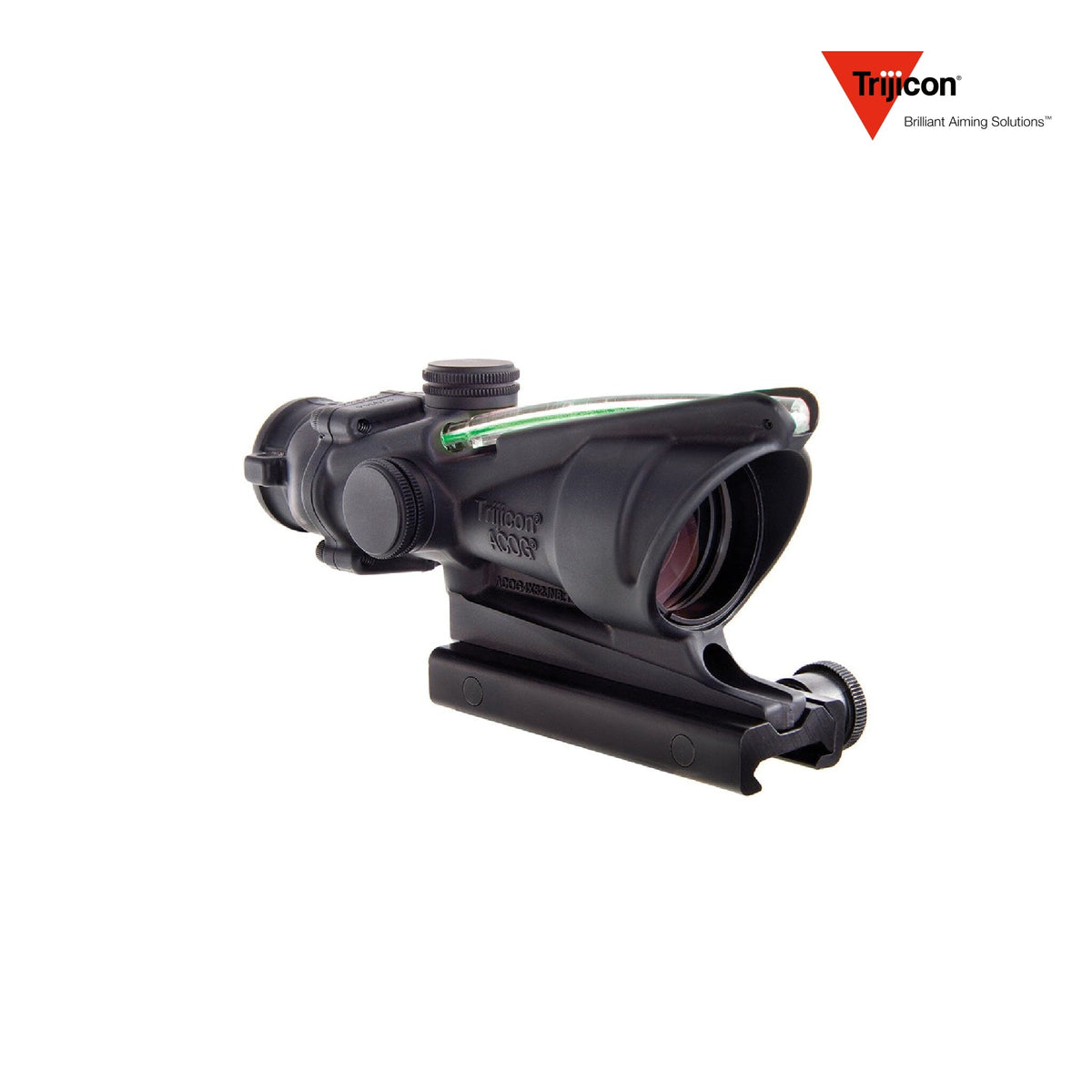 Trijicon ACOG 4x32 rifle scope with a red chevron .223 BAC reticle, in a forged 7075-T6 aluminium housing