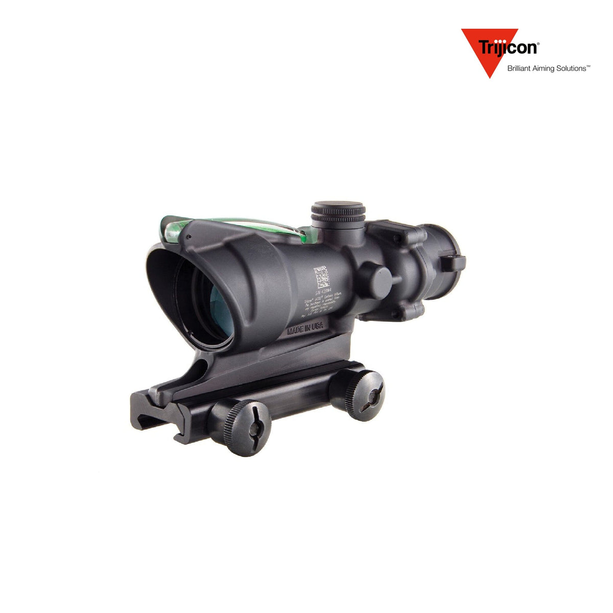 Trijicon ACOG 4x32 rifle scope with a red chevron .223 BAC reticle, needing no batteries for reticle illumination