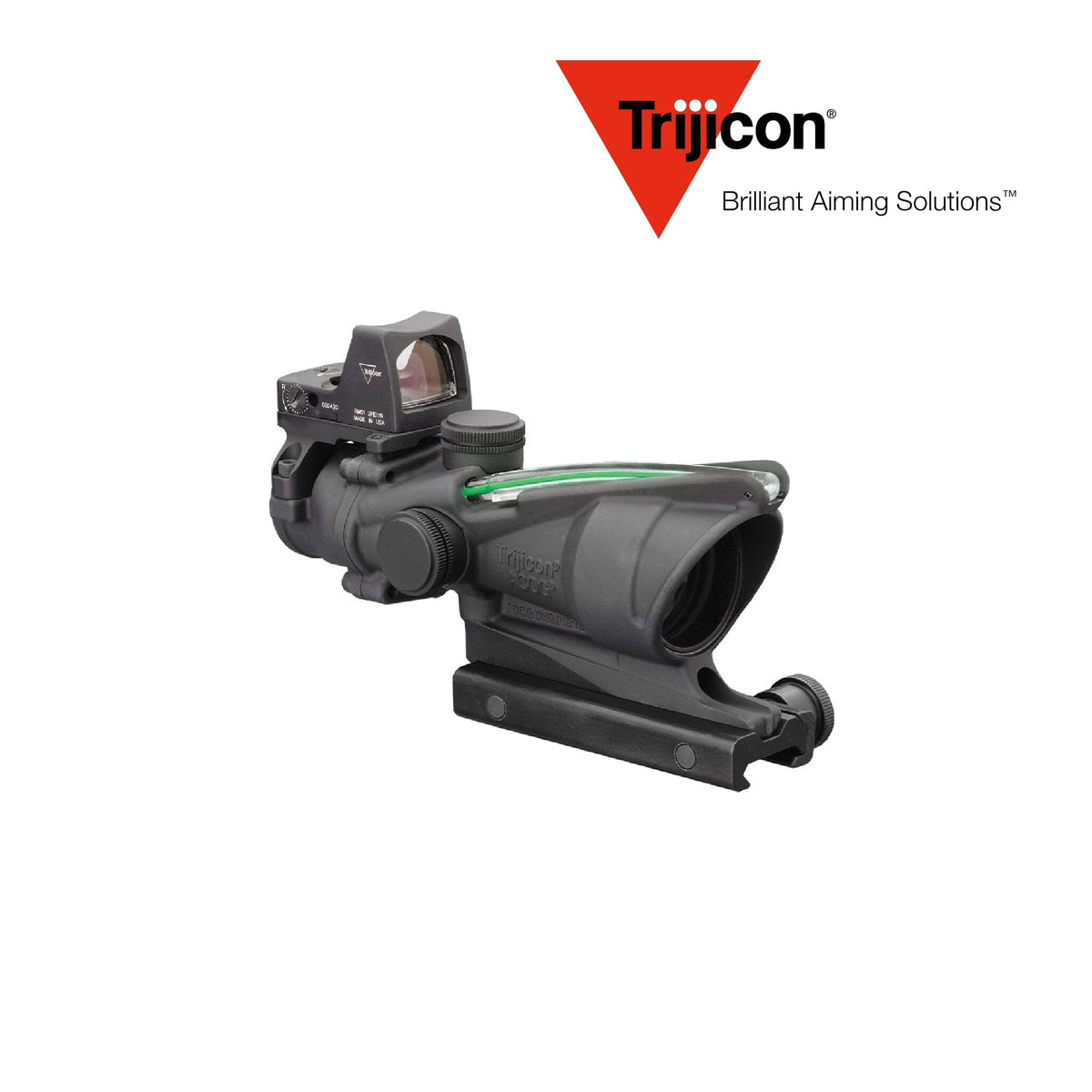 Trijicon ACOG 4x32 rifle scope with a green crosshair .223 BAC reticle and RMR red dot, in a forged 7075-T6 aluminium housing