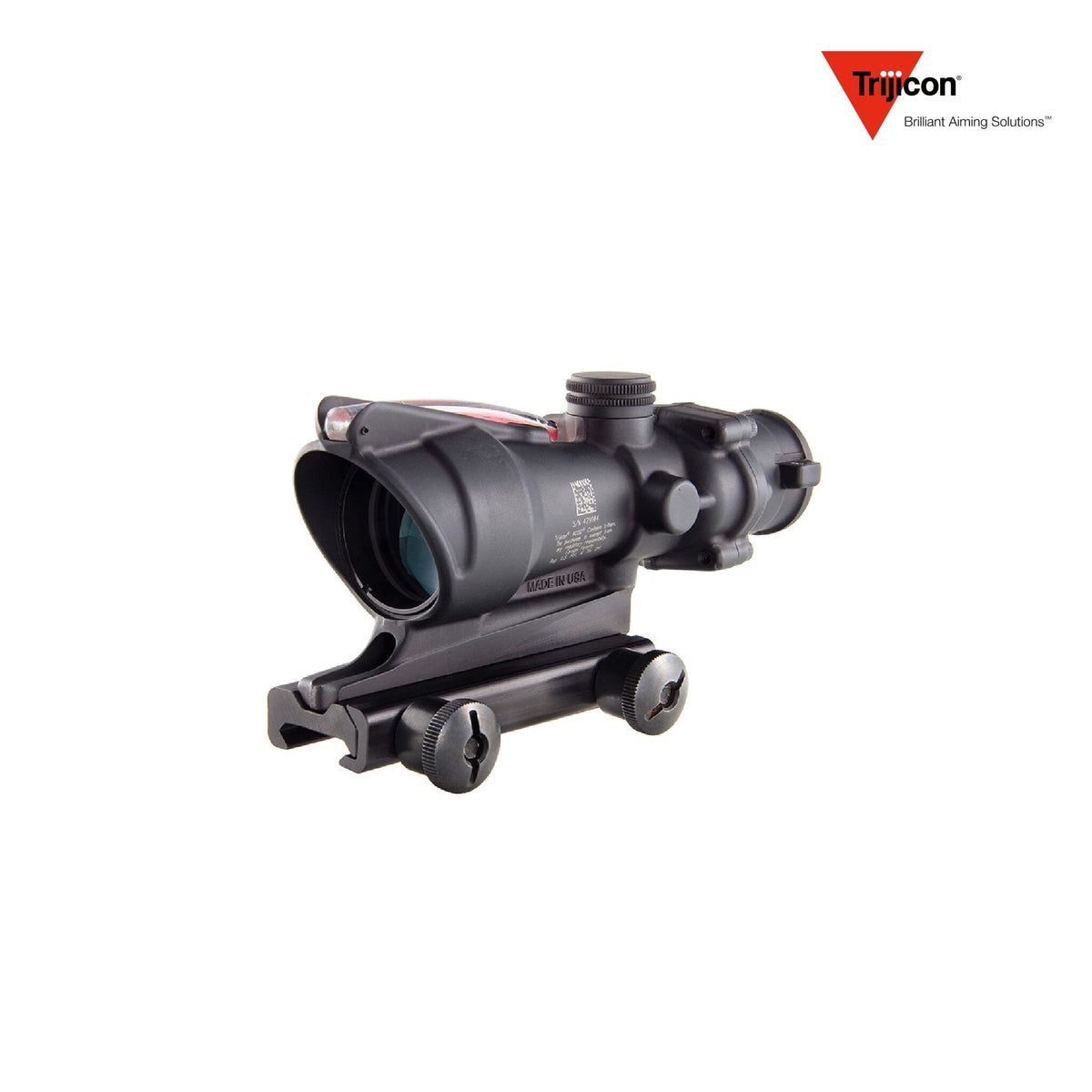 Trijicon ACOG 4x32 rifle scope with a red crosshair .223 BAC reticle, in a forged 7075-T6 aluminium housing
