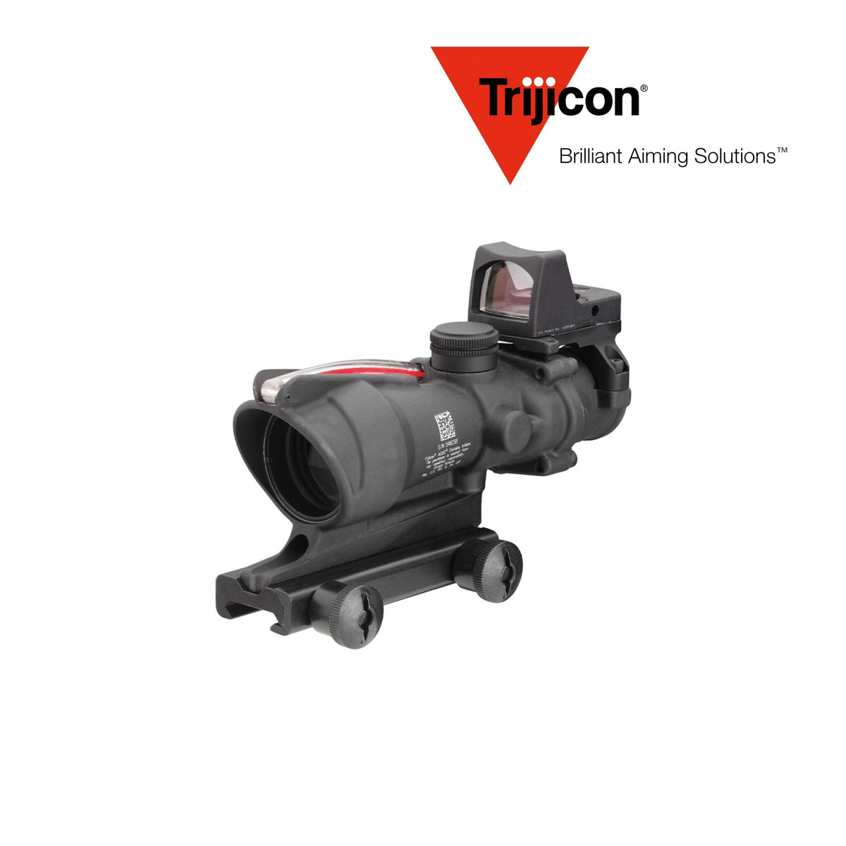 Trijicon ACOG 4x32 rifle scope with a red crosshair .223 BAC reticle and RMR red dot, in a forged 7075-T6 aluminium housing