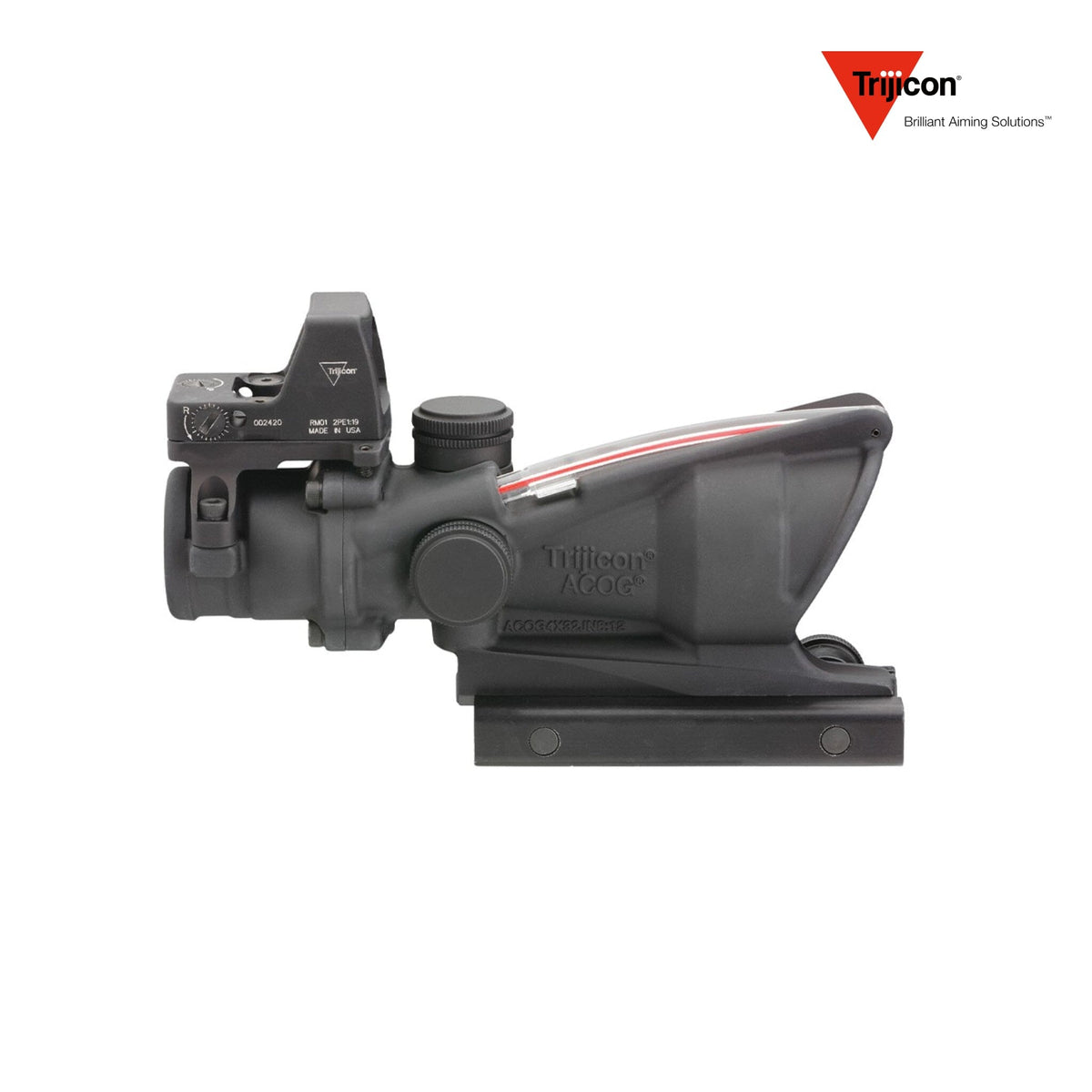 Trijicon ACOG 4x32 rifle scope with a red crosshair .223 BAC reticle and RMR red dot, with a hard anodised matte black finish