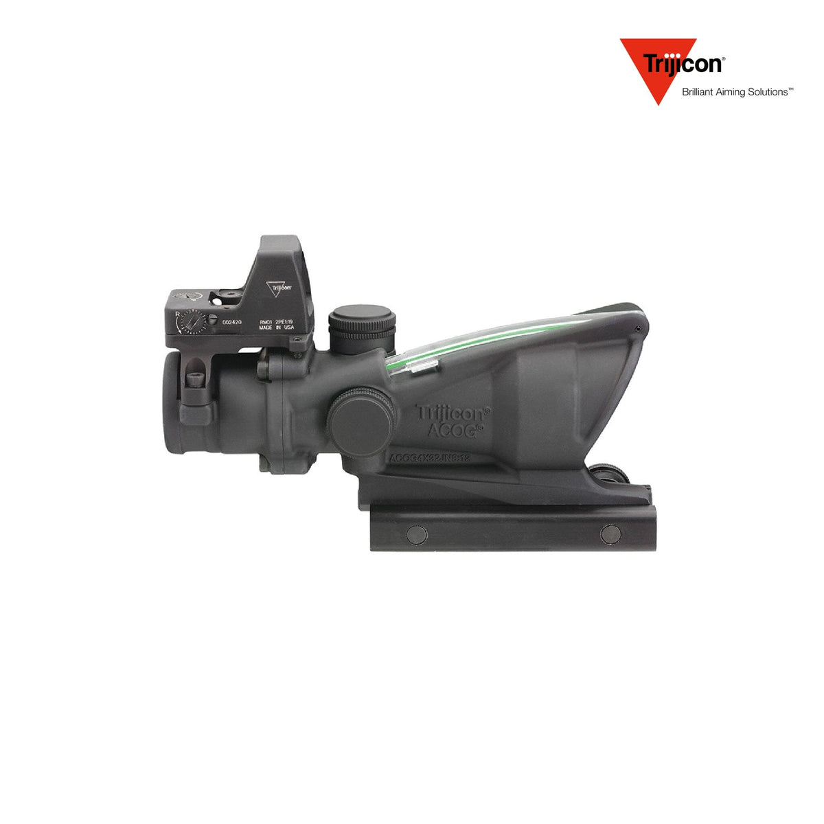 Trijicon ACOG 4x32 rifle scope with a red crosshair .223 BAC reticle and RMR red dot, in 7075-T6 aluminium