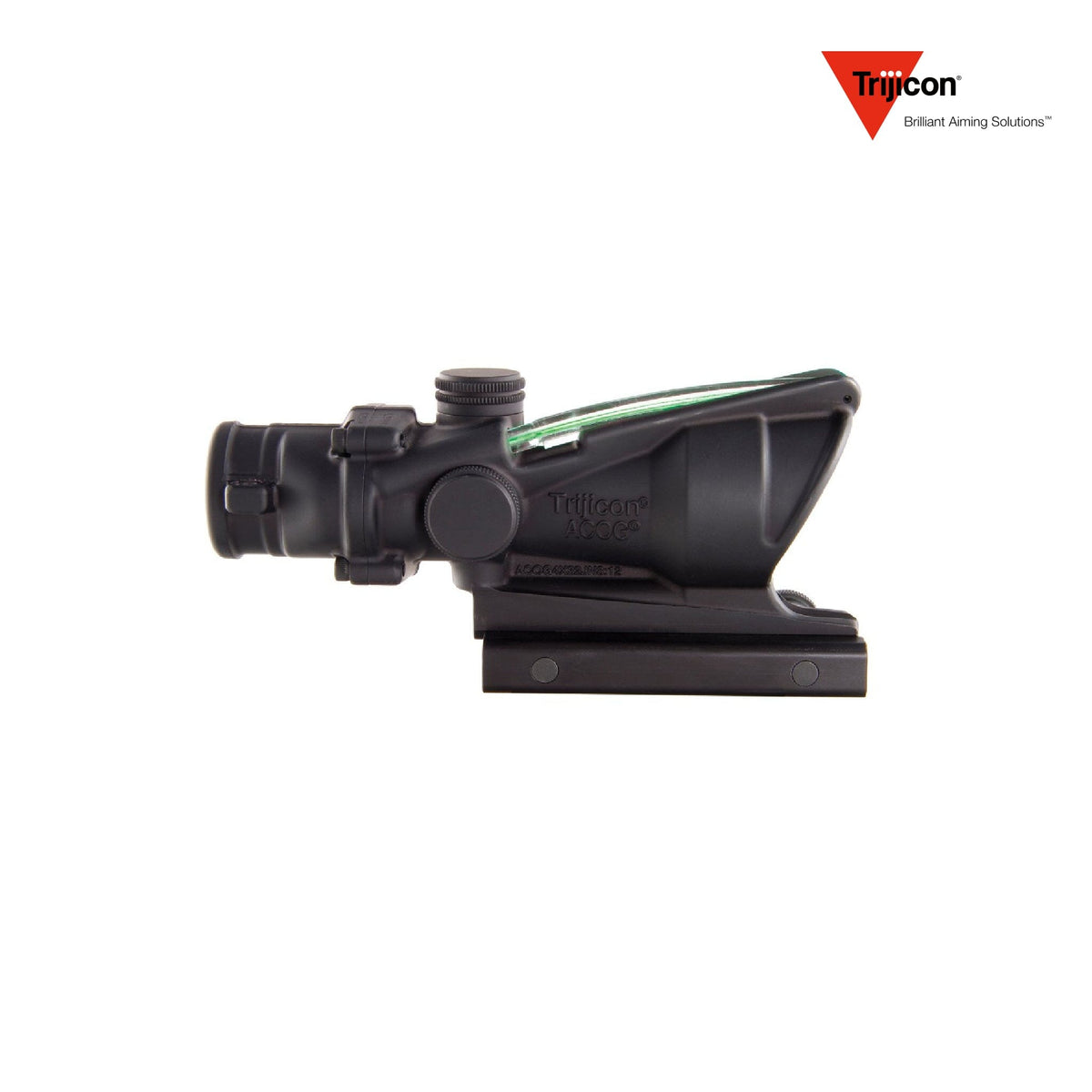 Trijicon ACOG 4x32 rifle scope with a green horseshoe-and-dot .223 BAC reticle, with bullet drop compensating aiming points
