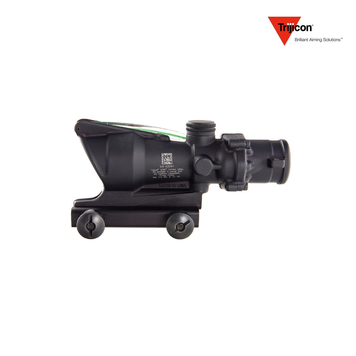 Trijicon ACOG 4x32 rifle scope with a green horseshoe-and-dot .223 BAC reticle, needing no batteries for reticle illumination