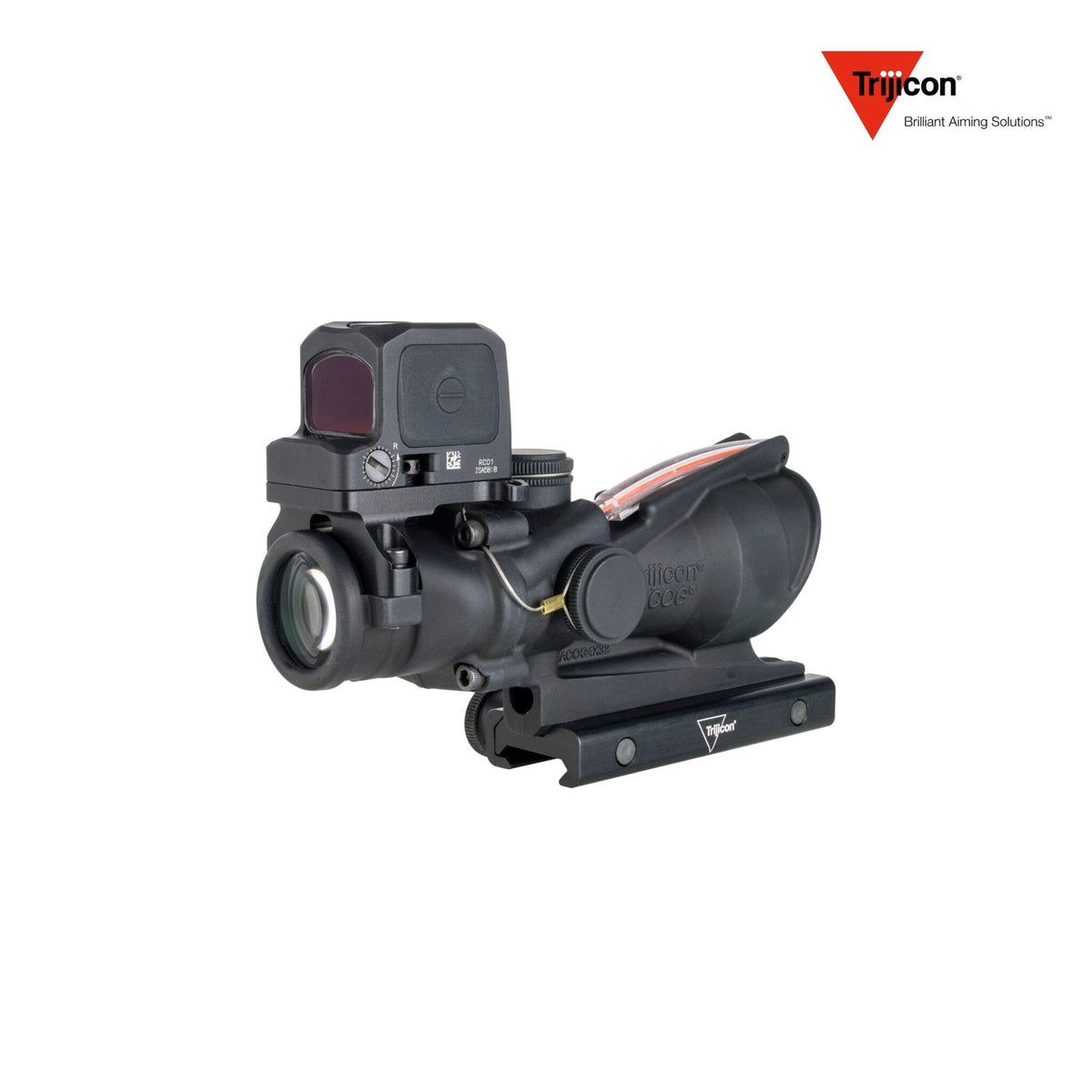 Trijicon ACOG 4x32 rifle scope paired with the RCR enclosed red dot sight, with capped windage and elevation adjusters