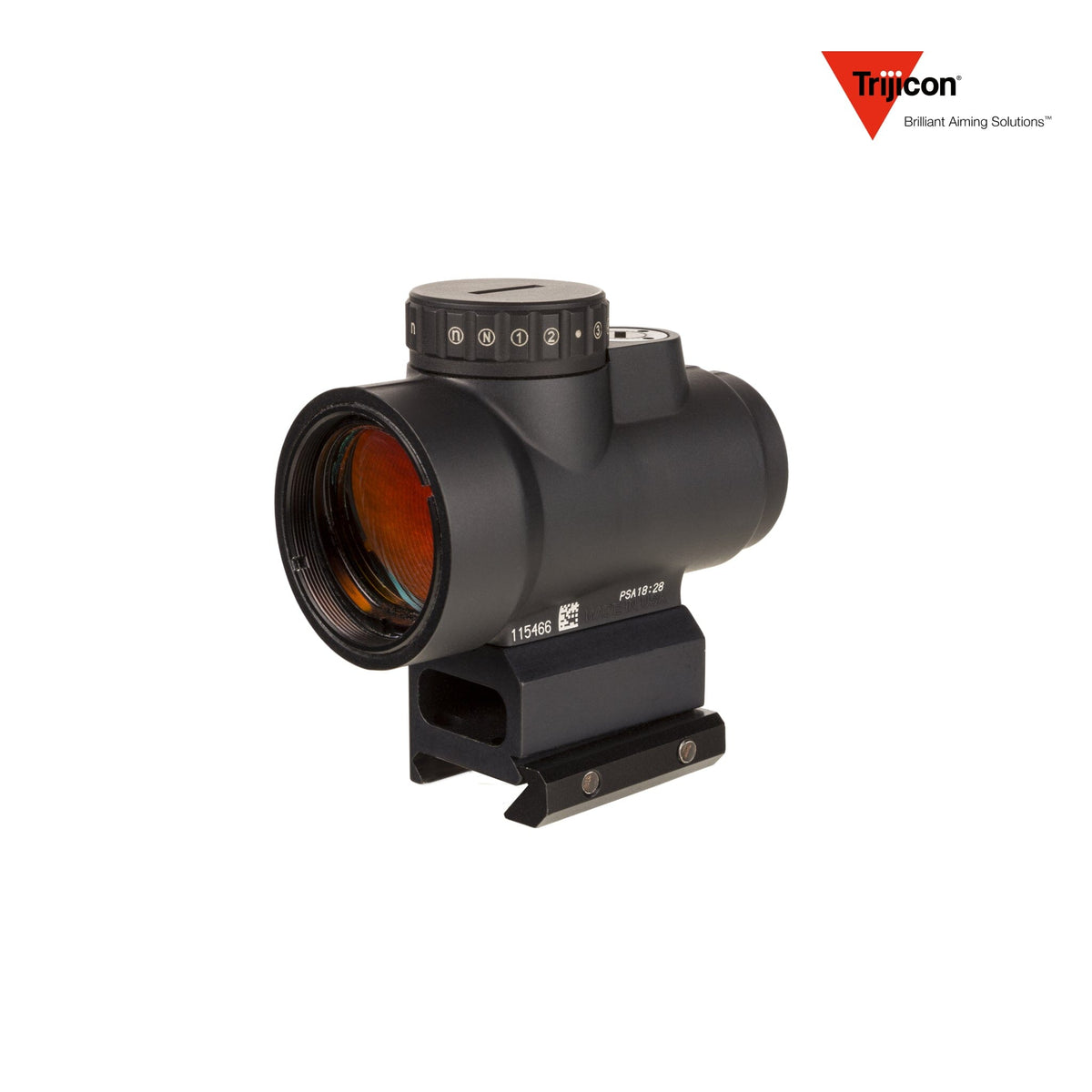 Trijicon MRO HD 1x25 68 MOA red dot sight with the full co-witness mount, with an ambidextrous brightness adjustment dial