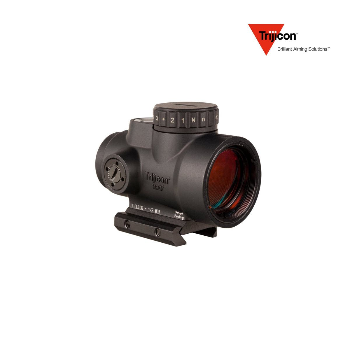 Trijicon MRO HD 1x25 68 MOA red dot sight with the low Picatinny mount, with an ambidextrous brightness adjustment dial