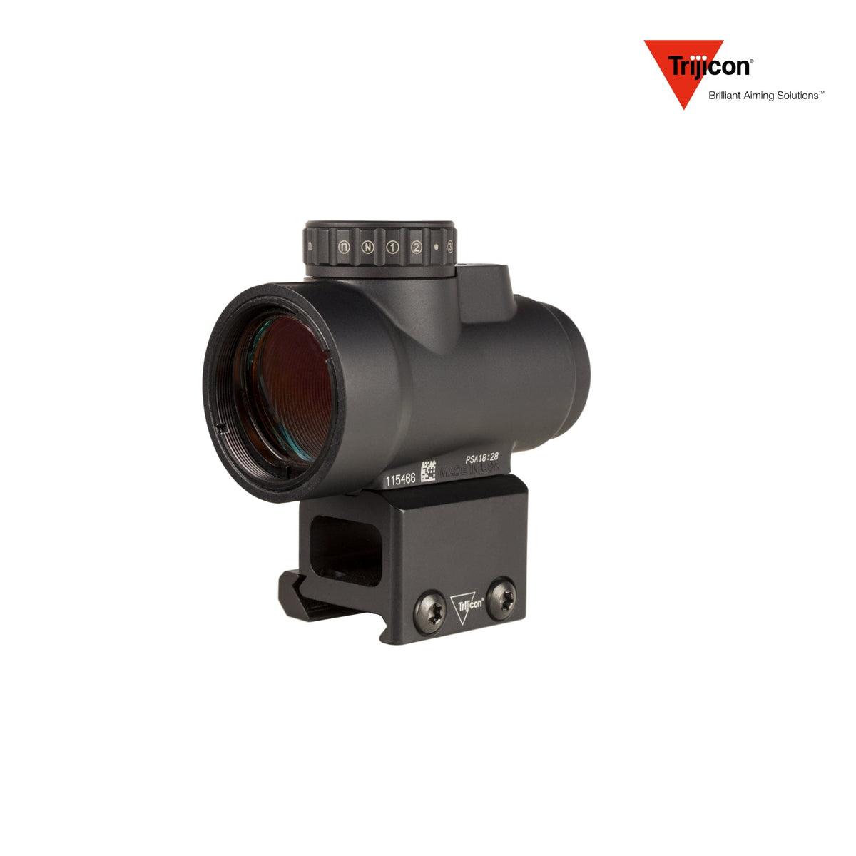 Trijicon MRO HD 1x25 68 MOA red dot sight with the lower 1/3 co-witness mount, with a 25mm objective lens at 1x magnification