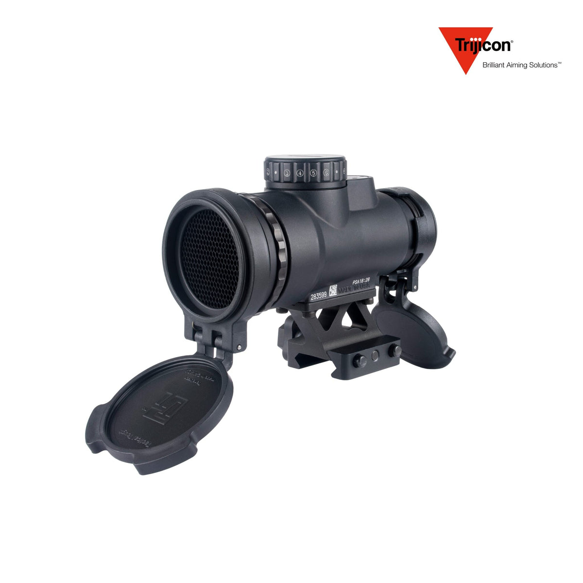 Trijicon MRO HD Patrol 68 MOA circle-dot red dot sight with the lower 1/3 co-witness Q-LOC mount, with an ambidextrous dial