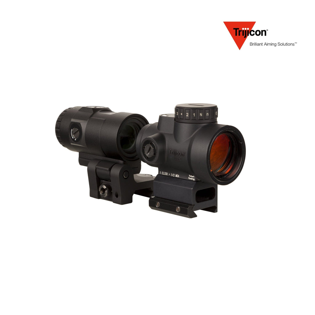 Trijicon MRO HD 1x25 68 MOA red dot sight with the Trijicon 3x magnifier, with an ambidextrous brightness adjustment dial