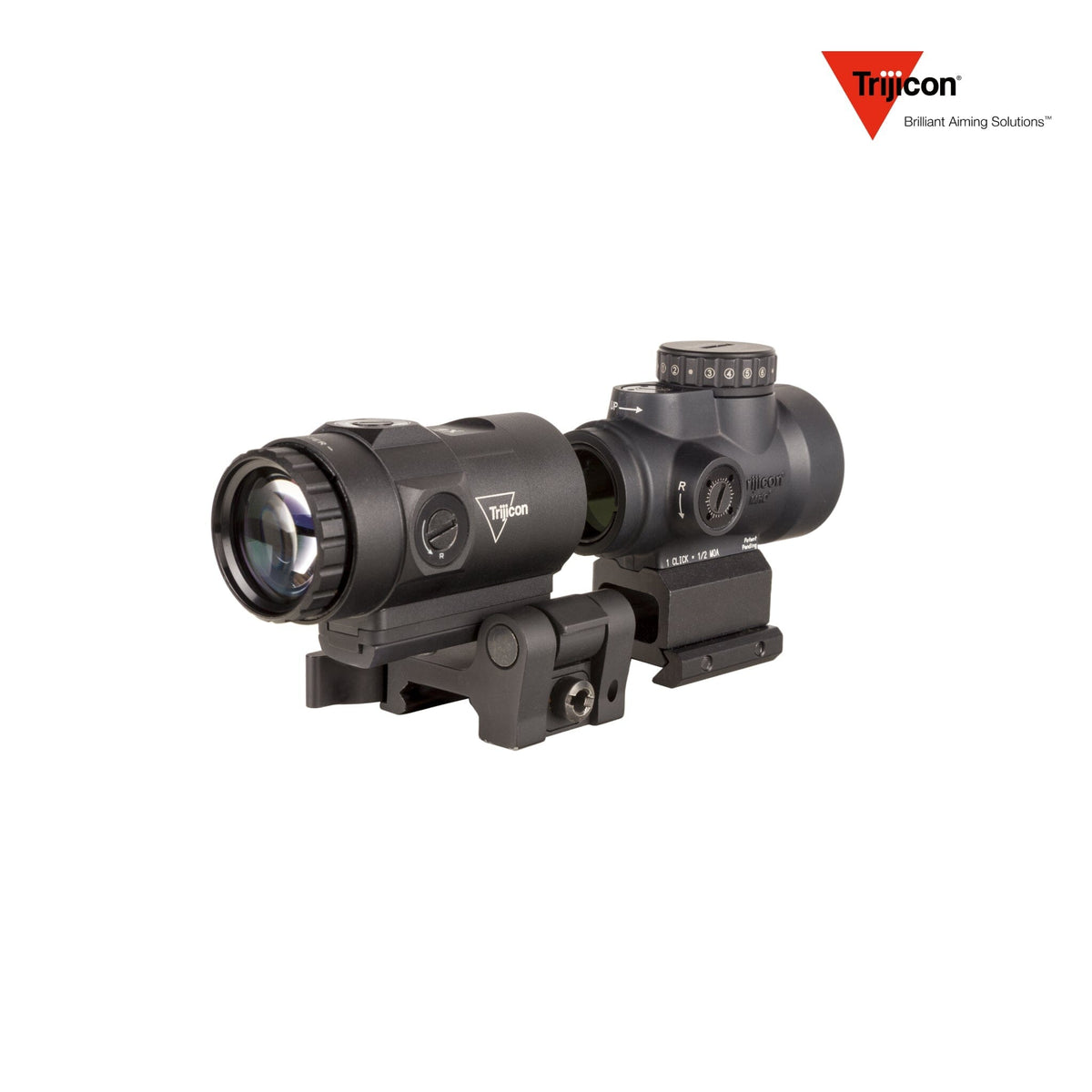 Trijicon MRO HD 1x25 68 MOA red dot sight with the Trijicon 3x magnifier, with a 25mm objective lens at 1x magnification