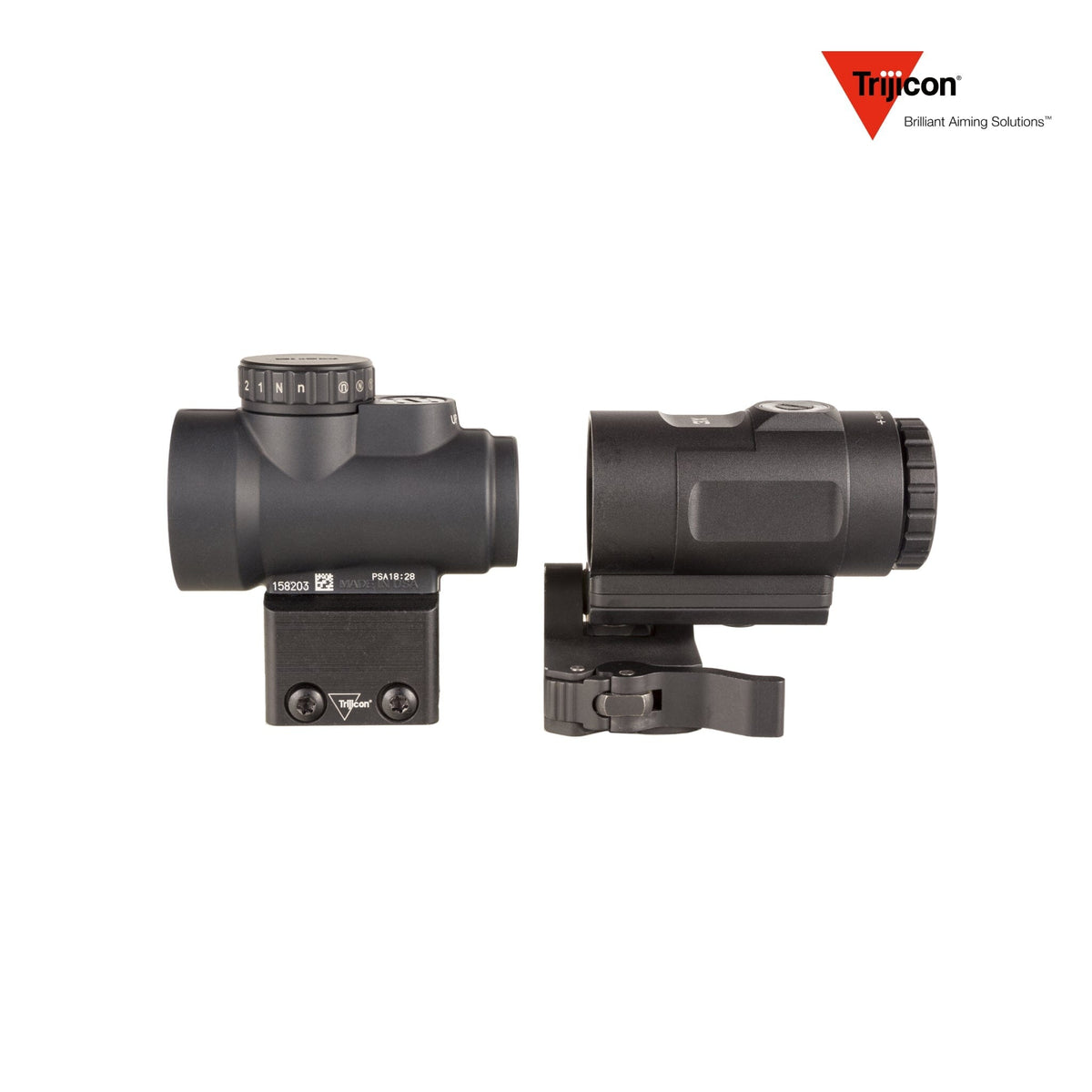 Trijicon MRO HD 1x25 68 MOA red dot sight with the Trijicon 3x magnifier, in a forged 7075-T6 aluminium housing