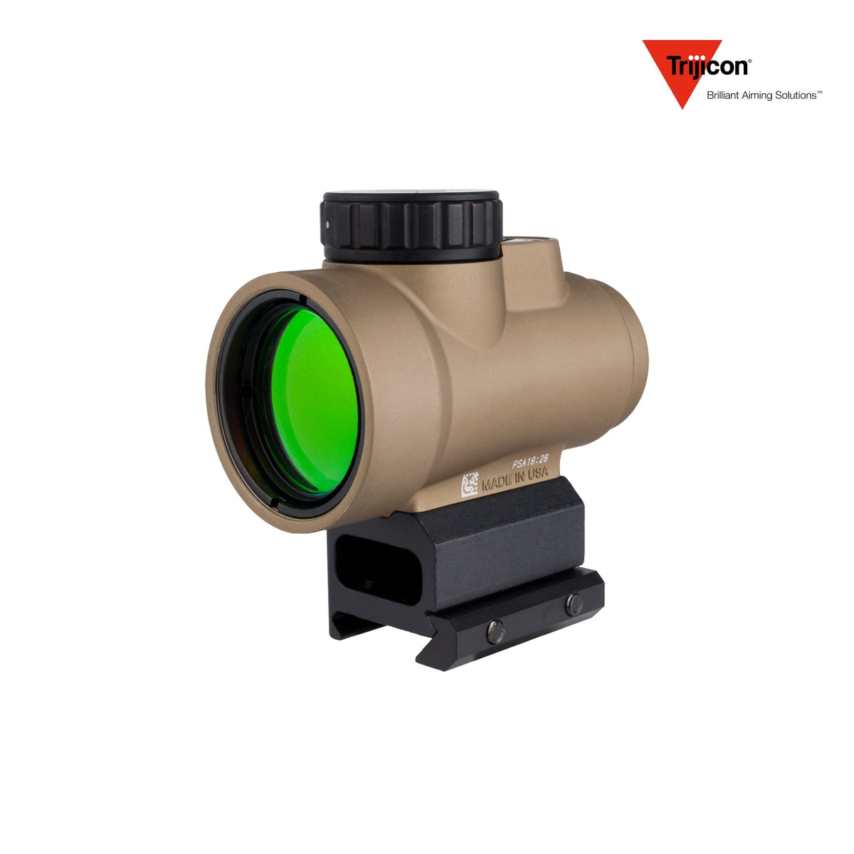 Trijicon MRO SD 1x25 2 MOA green dot sight in coyote with the full co-witness mount, in a forged 7075-T6 aluminium housing