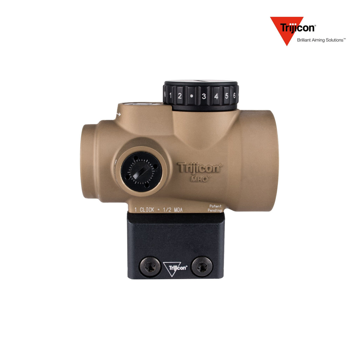 Trijicon MRO SD 1x25 2 MOA green dot sight in coyote with the full co-witness mount, for flat-top AR-15 rifles and carbines