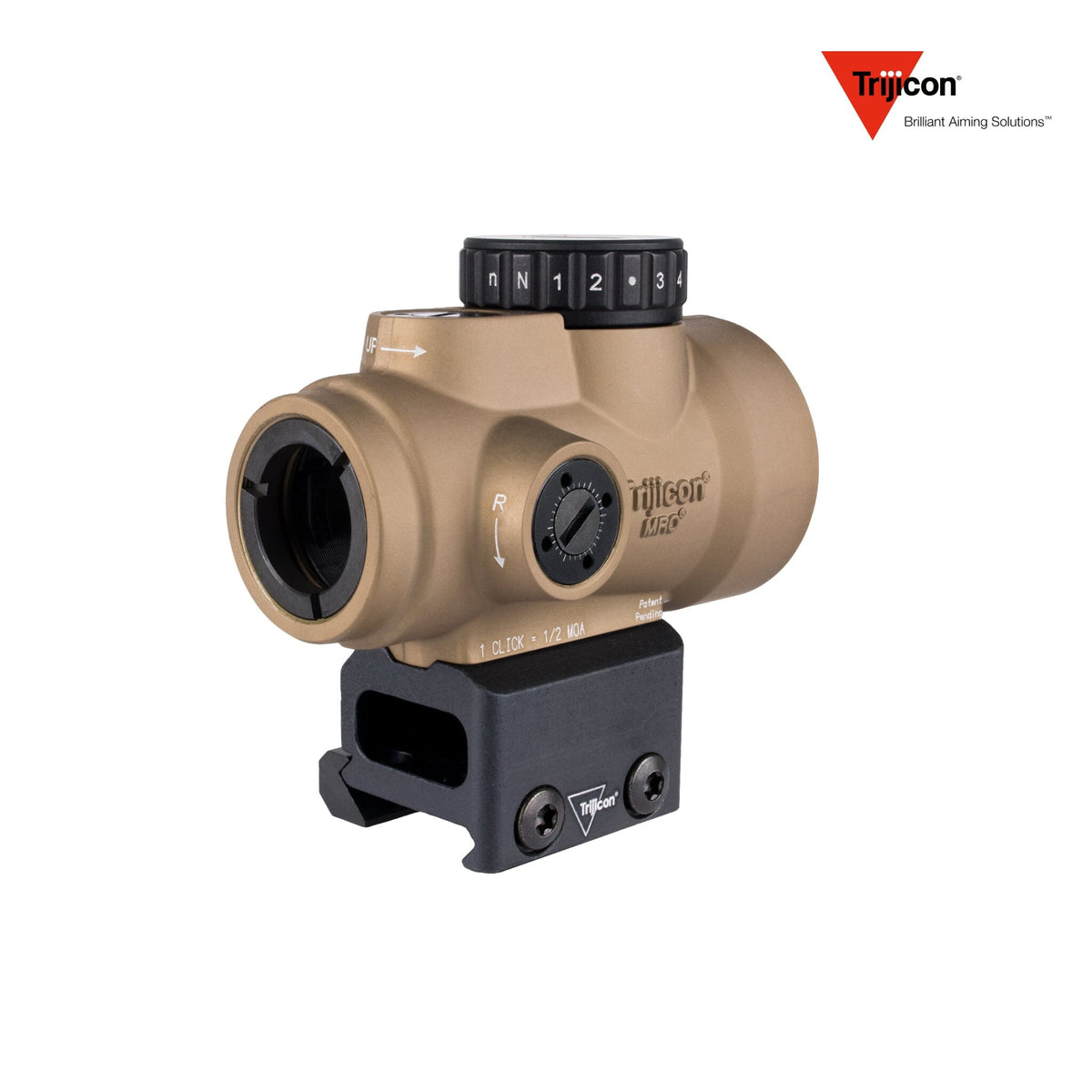 Trijicon MRO SD 1x25 2 MOA green dot sight in coyote with the full co-witness mount, powered by a single CR2032 battery