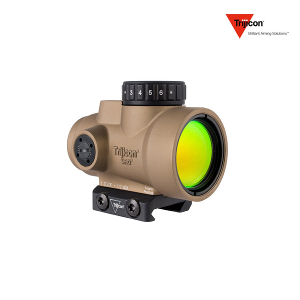 Trijicon MRO SD 1x25 2 MOA green dot sight in coyote with the low Picatinny mount