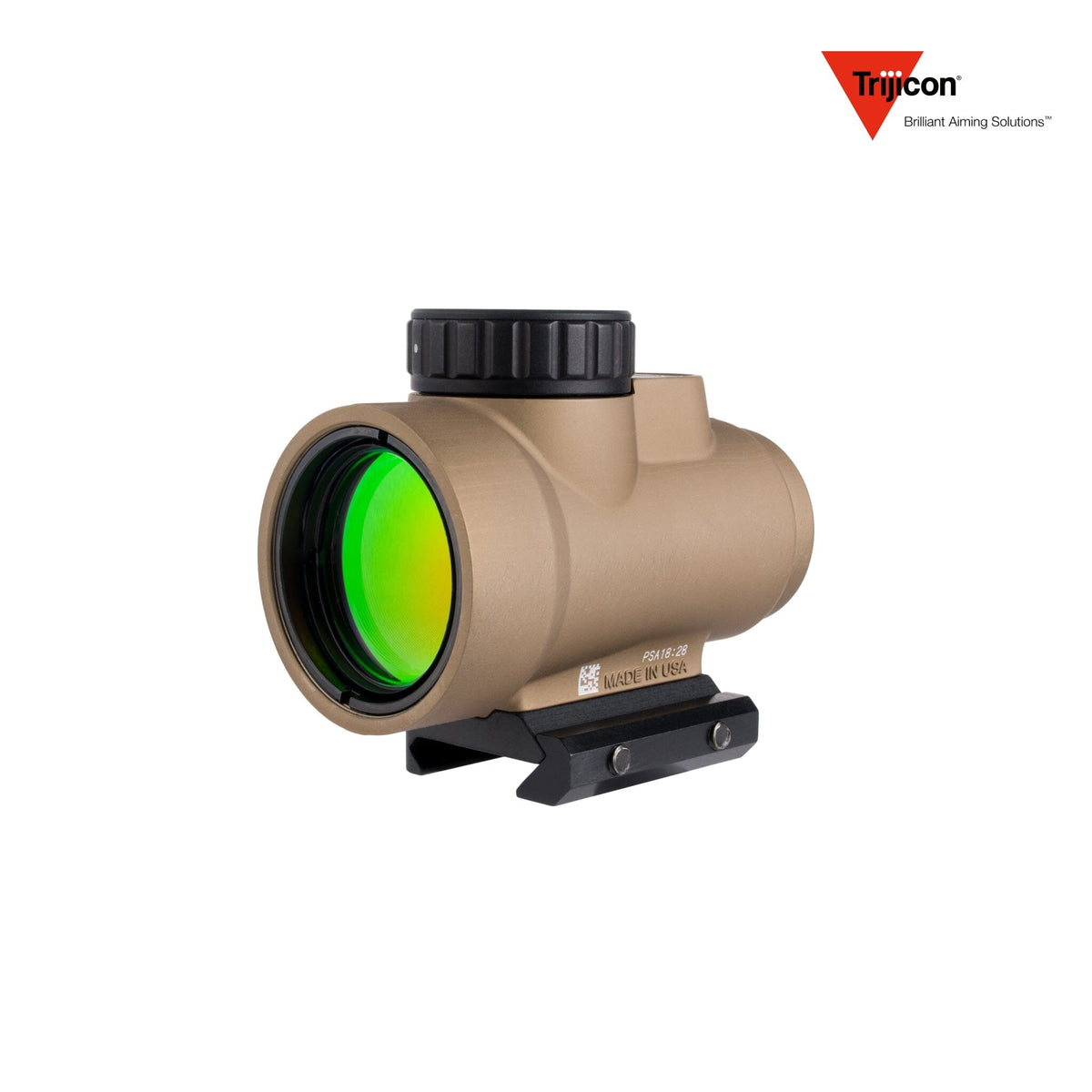 Trijicon MRO SD 1x25 2 MOA green dot sight in coyote with the low Picatinny mount, in a forged 7075-T6 aluminium housing