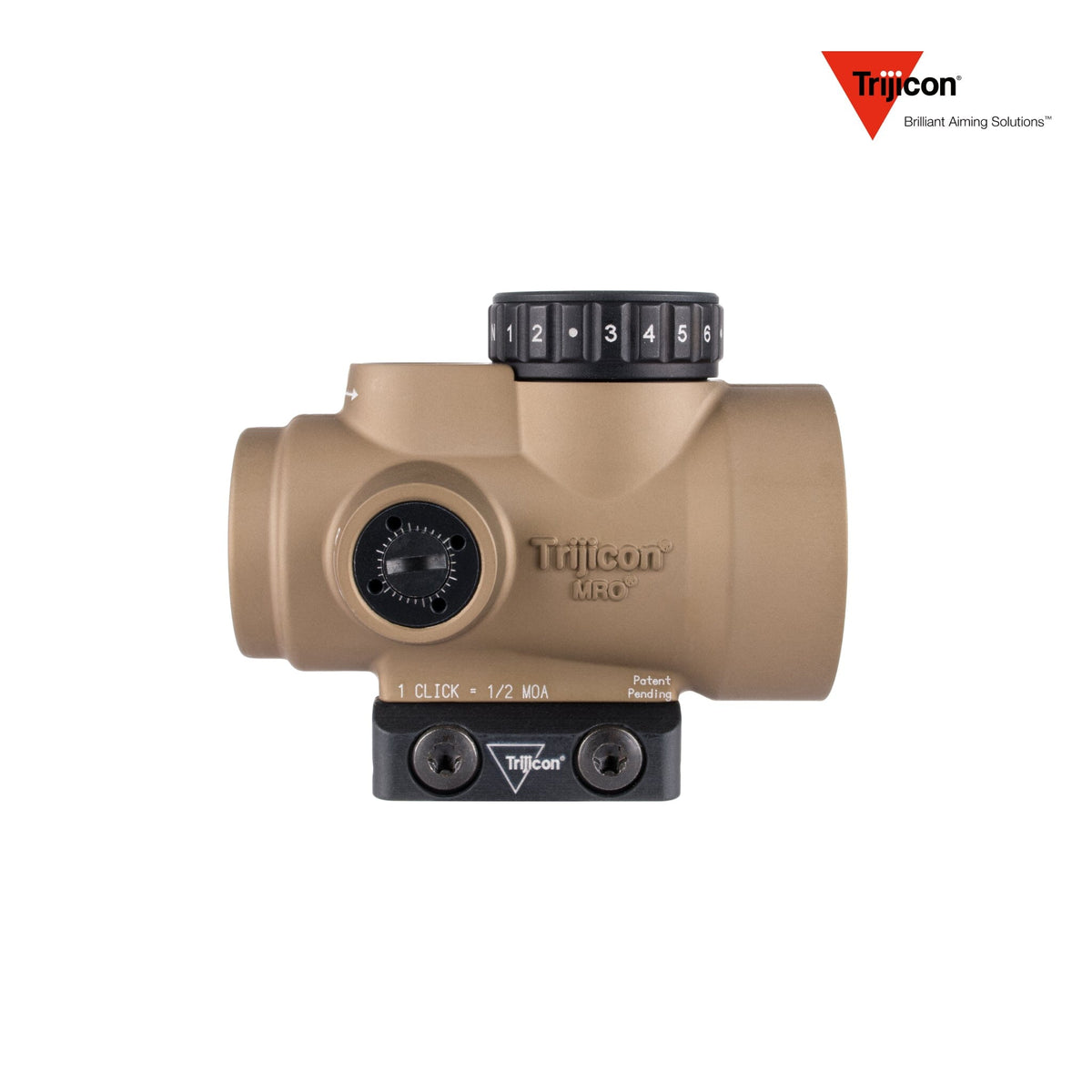 Trijicon MRO SD 1x25 2 MOA green dot sight in coyote with the low Picatinny mount, with 1 MOA per click windage and elevation