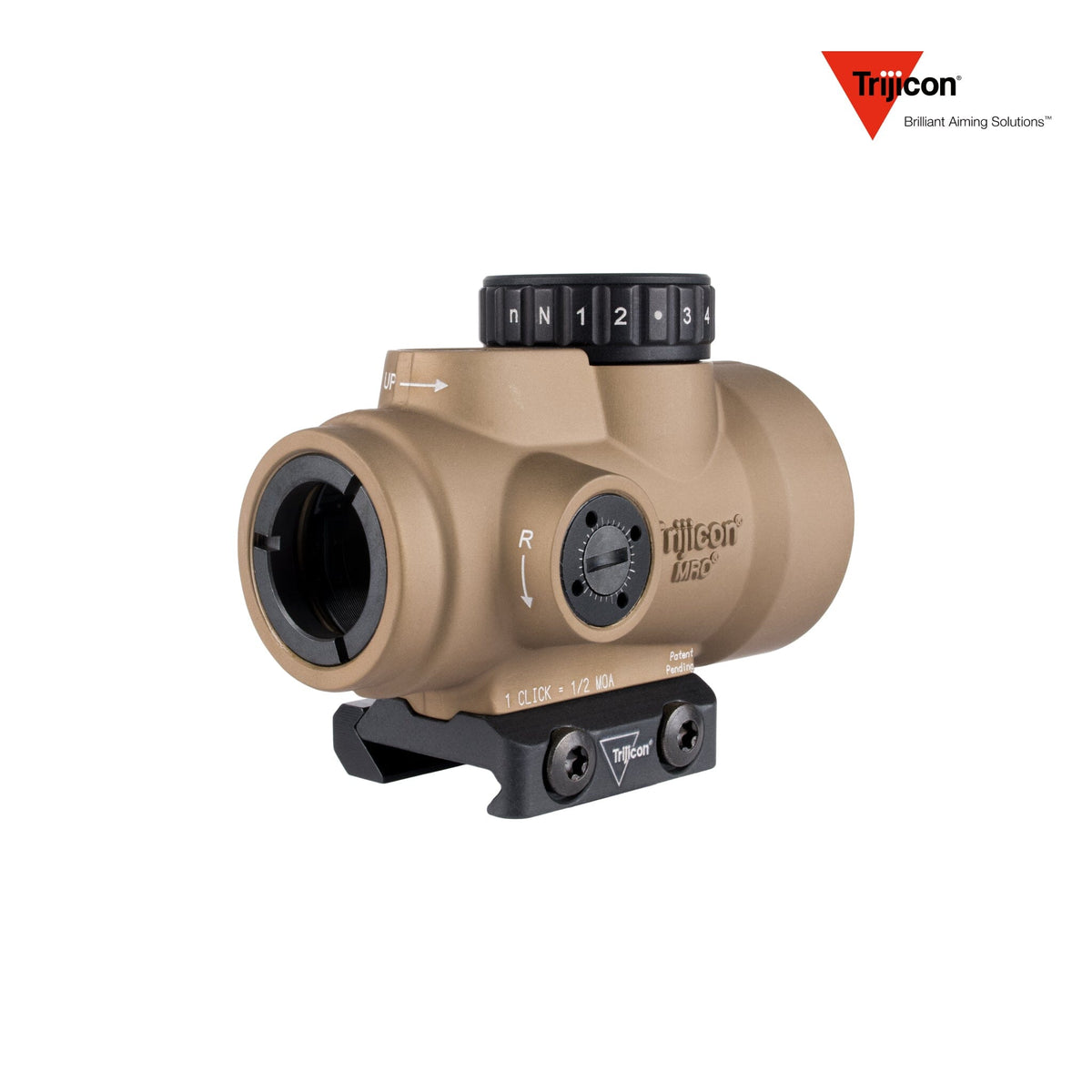 Trijicon MRO SD 1x25 2 MOA green dot sight in coyote with the low Picatinny mount, for flat-top AR-15 rifles and carbines
