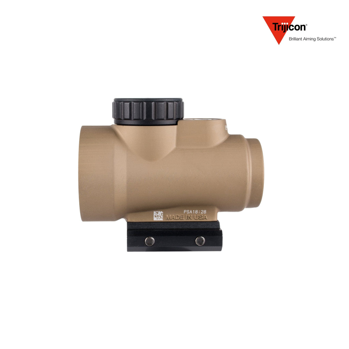 Trijicon MRO SD 1x25 2 MOA green dot sight in coyote with the low Picatinny mount, powered by a single CR2032 battery