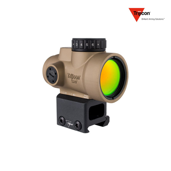 Trijicon MRO SD 1x25 2 MOA green dot sight in coyote with the lower 1/3 co-witness mount