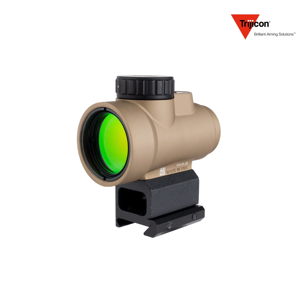 Trijicon MRO SD 1x25 2 MOA green dot sight in coyote with the lower 1/3 co-witness mount, powered by a single CR2032 battery