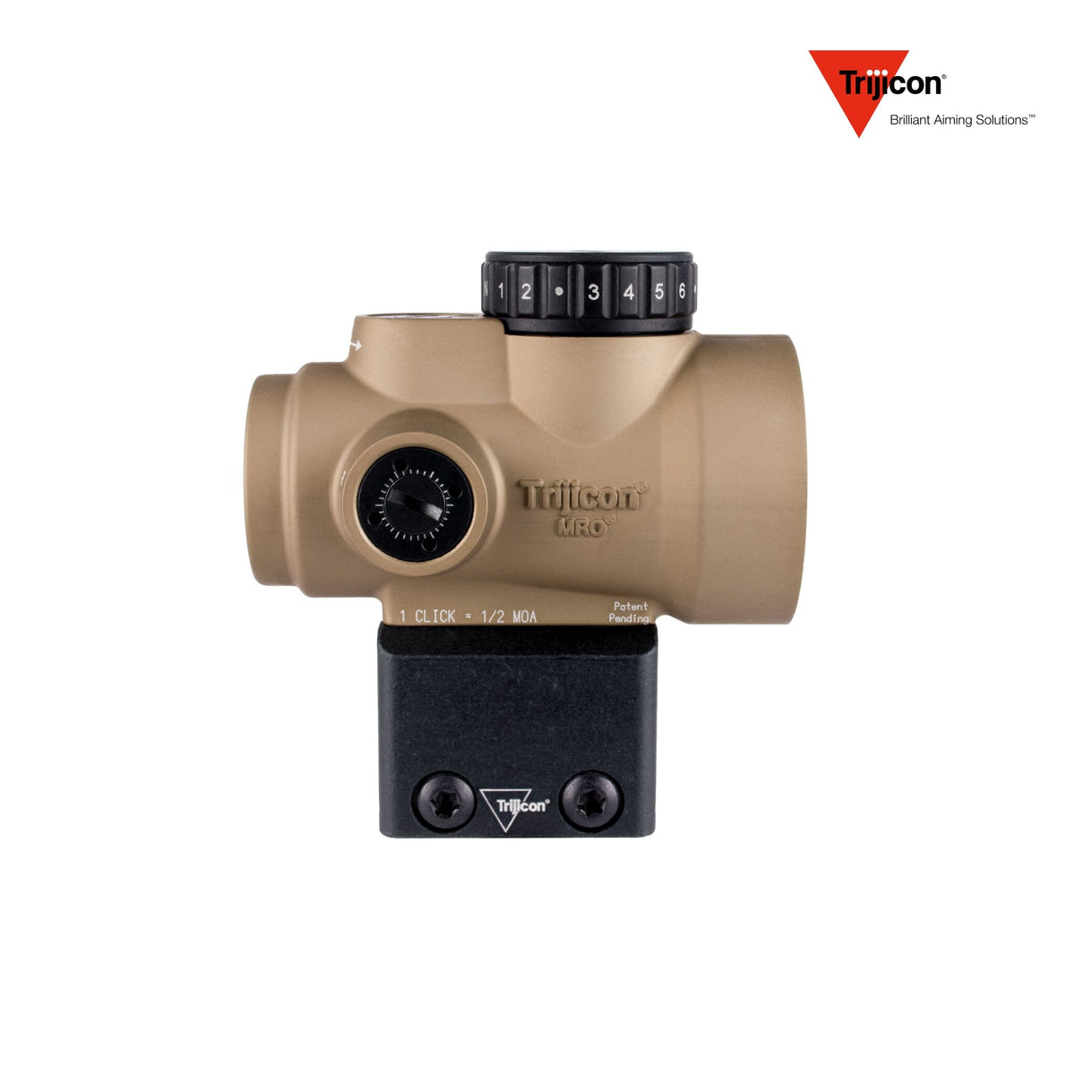 Trijicon MRO SD 1x25 2 MOA green dot sight in coyote with the lower 1/3 co-witness mount, with fully multi-coated lenses