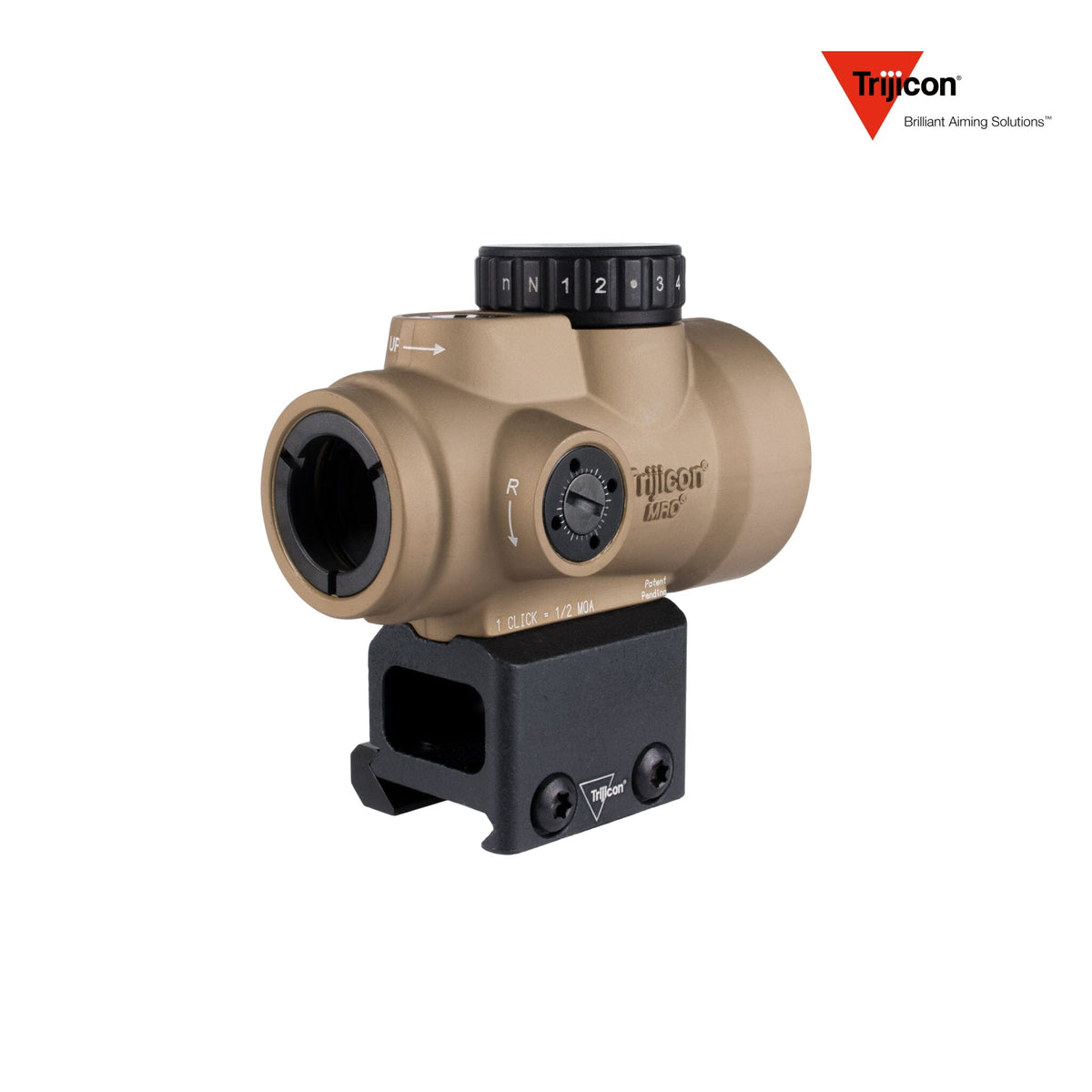 Trijicon MRO SD 1x25 2 MOA green dot sight in coyote with the lower 1/3 co-witness mount, with an ambidextrous dial