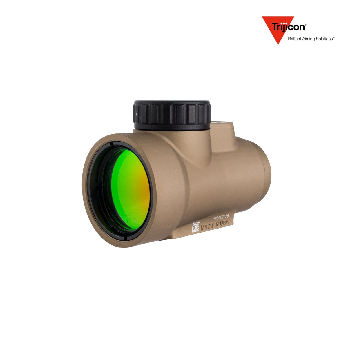 Trijicon MRO SD 1x25 2 MOA red dot sight in coyote supplied without a mount, with an ambidextrous brightness adjustment dial