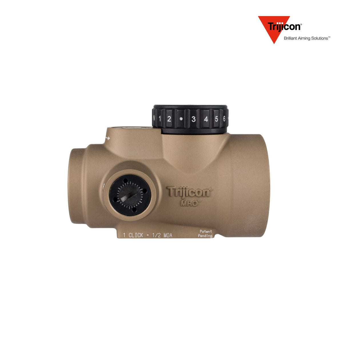 Trijicon MRO SD 1x25 2 MOA red dot sight in coyote supplied without a mount, with a 25mm objective lens at 1x magnification