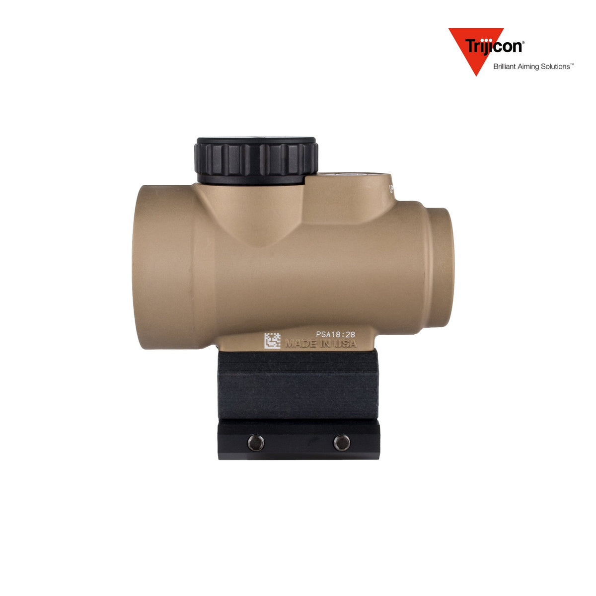 Trijicon MRO SD 1x25 2 MOA red dot sight in coyote with the full co-witness mount, powered by a single CR2032 battery
