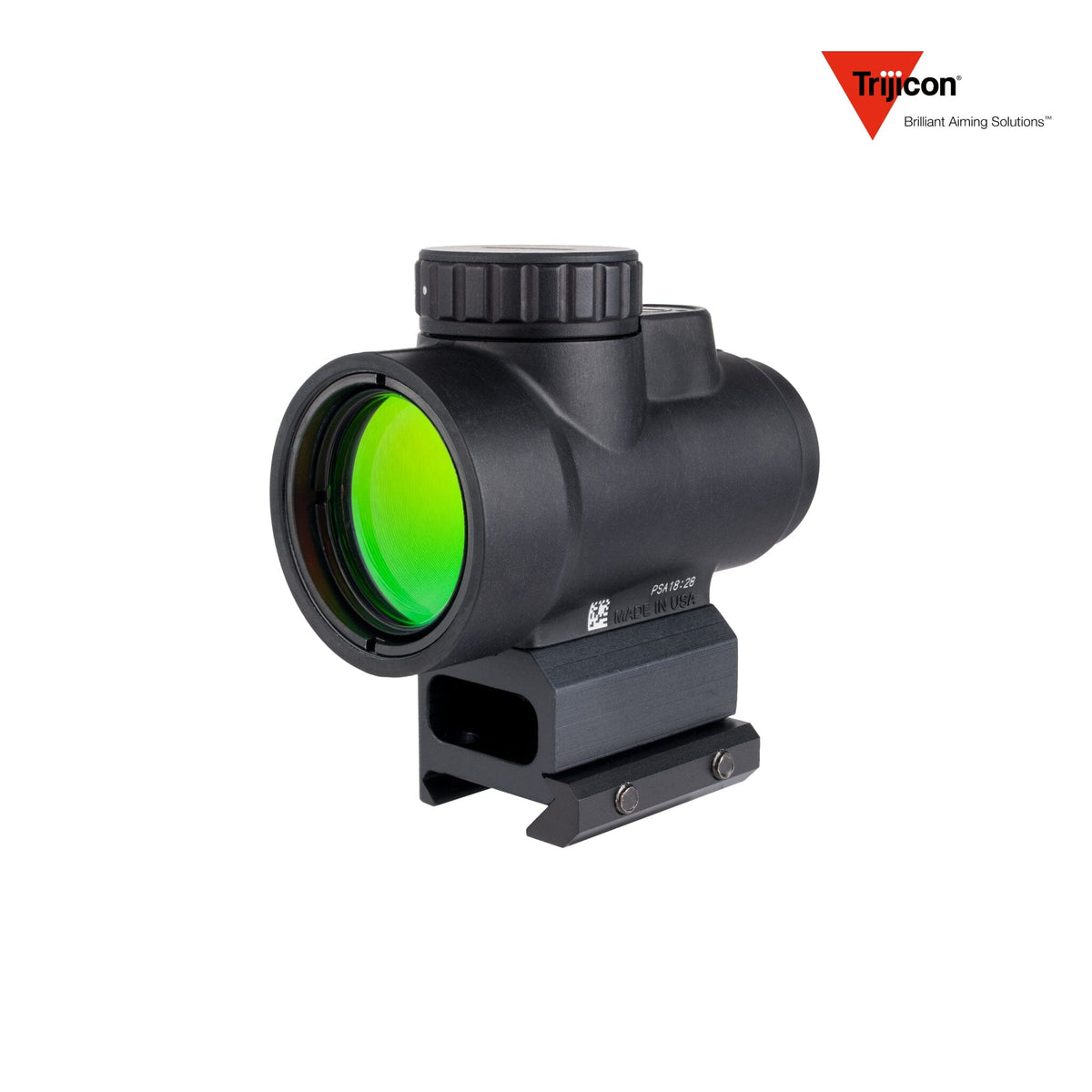 Trijicon MRO SD 1x25 2 MOA red dot sight in matte black with the full co-witness mount, in a forged 7075-T6 aluminium housing