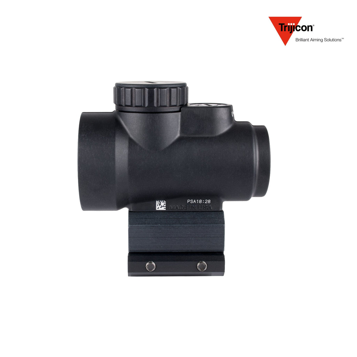 Trijicon MRO SD 1x25 2 MOA red dot sight in matte black with the full co-witness mount, powered by a single CR2032 battery