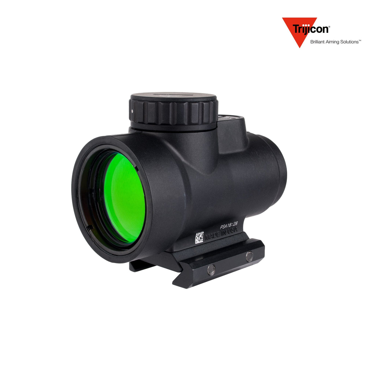 Trijicon MRO SD 1x25 2 MOA red dot sight in matte black with the low Picatinny mount, in a forged 7075-T6 aluminium housing