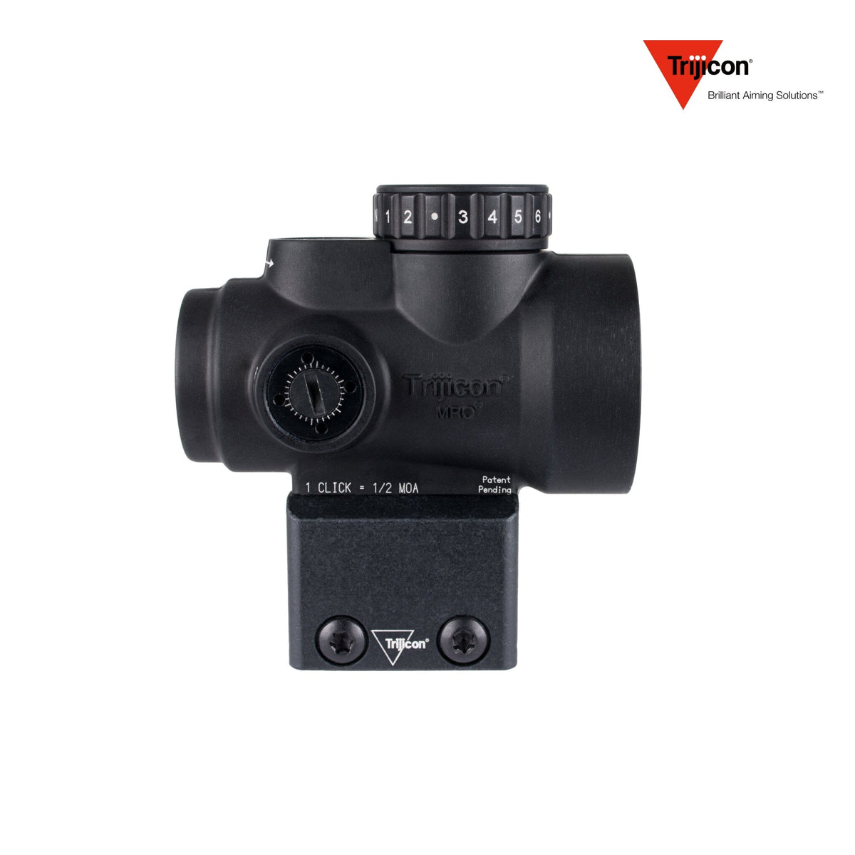 Trijicon MRO SD 1x25 2 MOA red dot sight in matte black with the lower 1/3 co-witness mount, with an ambidextrous dial