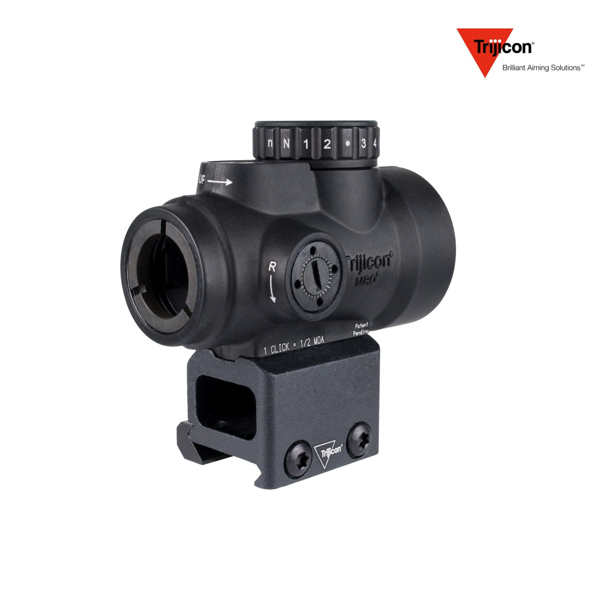 Trijicon MRO SD 1x25 2 MOA red dot sight in matte black with the lower 1/3 co-witness mount, with a 25mm objective lens