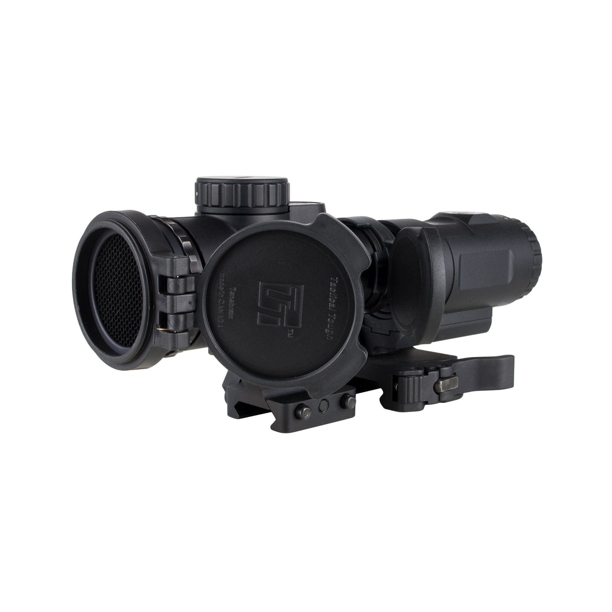 Trijicon MRO SD Patrol 2 MOA red dot sight with the Trijicon 3x magnifier, with an ambidextrous brightness adjustment dial