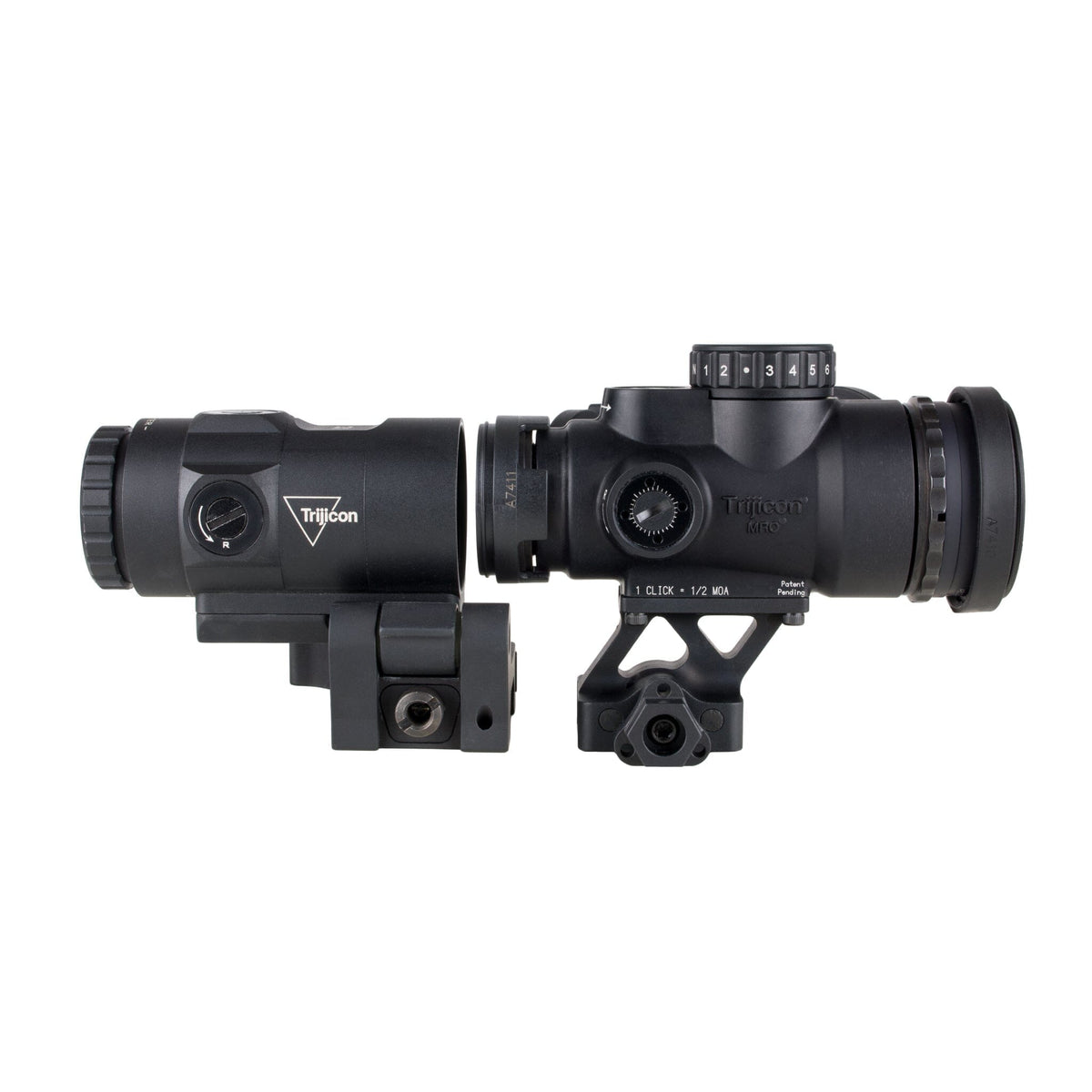 Trijicon MRO SD Patrol 2 MOA red dot sight with the Trijicon 3x magnifier, with a 25mm objective lens at 1x magnification