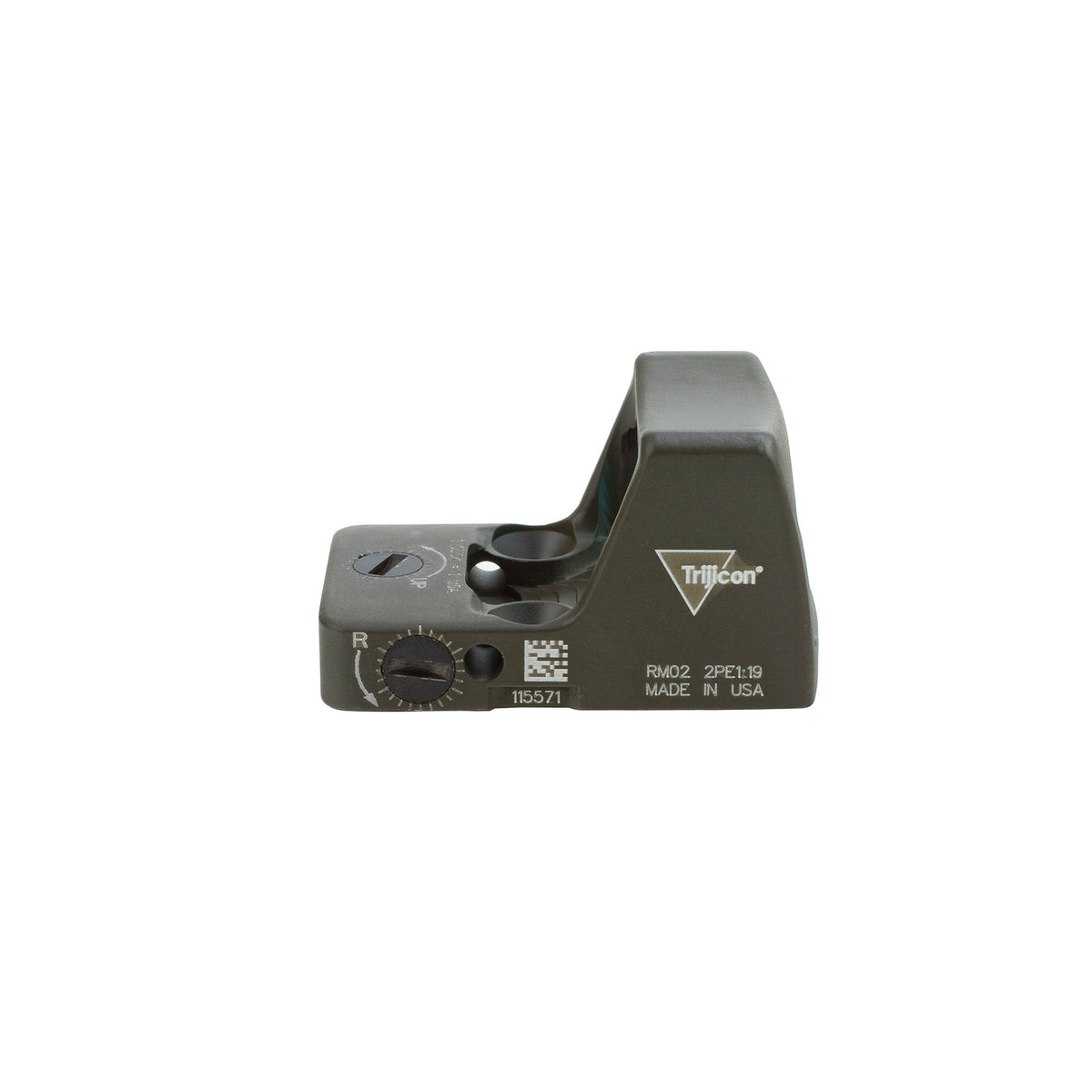 Trijicon RMR Type 2 3.25 MOA LED red dot sight in olive drab green, with 1 MOA click windage and elevation adjustment